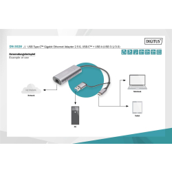 Karta sieciowa DIGITUS przewodowa USB 3.1 Typ C + USB A do 1x RJ45 2.5 Gigabit Ethernet 10/100/1000/2500Mbps-219526
