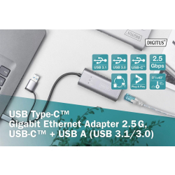 Karta sieciowa DIGITUS przewodowa USB 3.1 Typ C + USB A do 1x RJ45 2.5 Gigabit Ethernet 10/100/1000/2500Mbps-219527