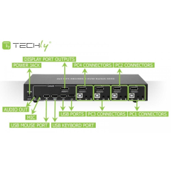 Przełącznik KVM Techly DisplayPort / USB 4x1 4K*30Hz, HUB USB 2.0-274746